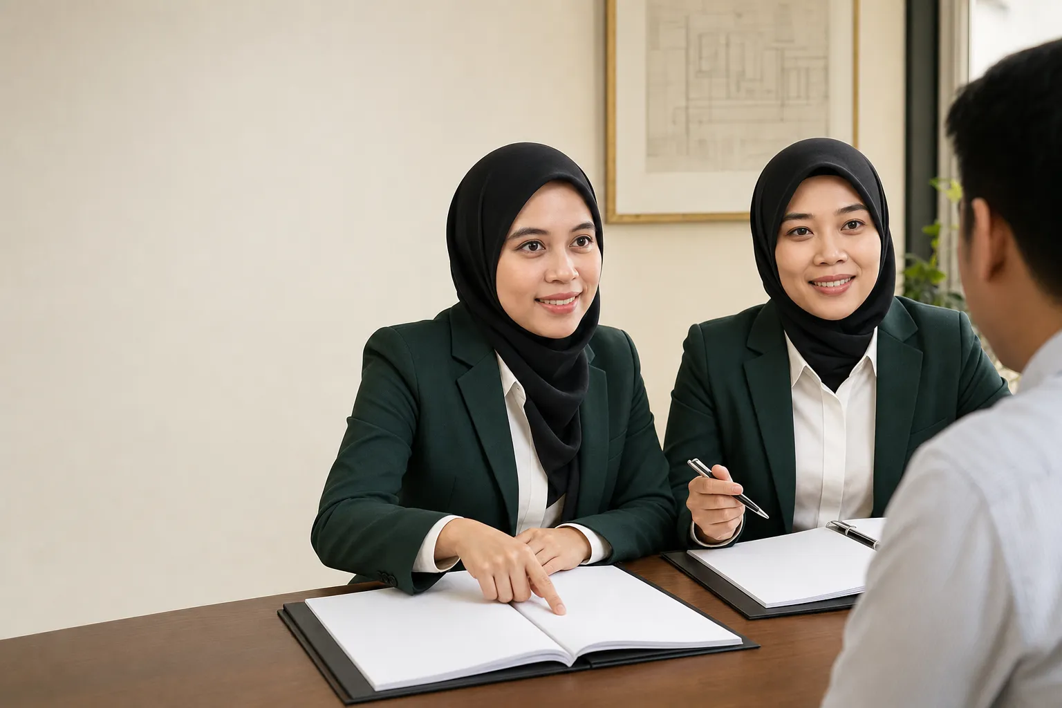 Dua peguam berbincang bersama klien tentang dokumen urusan hartanah