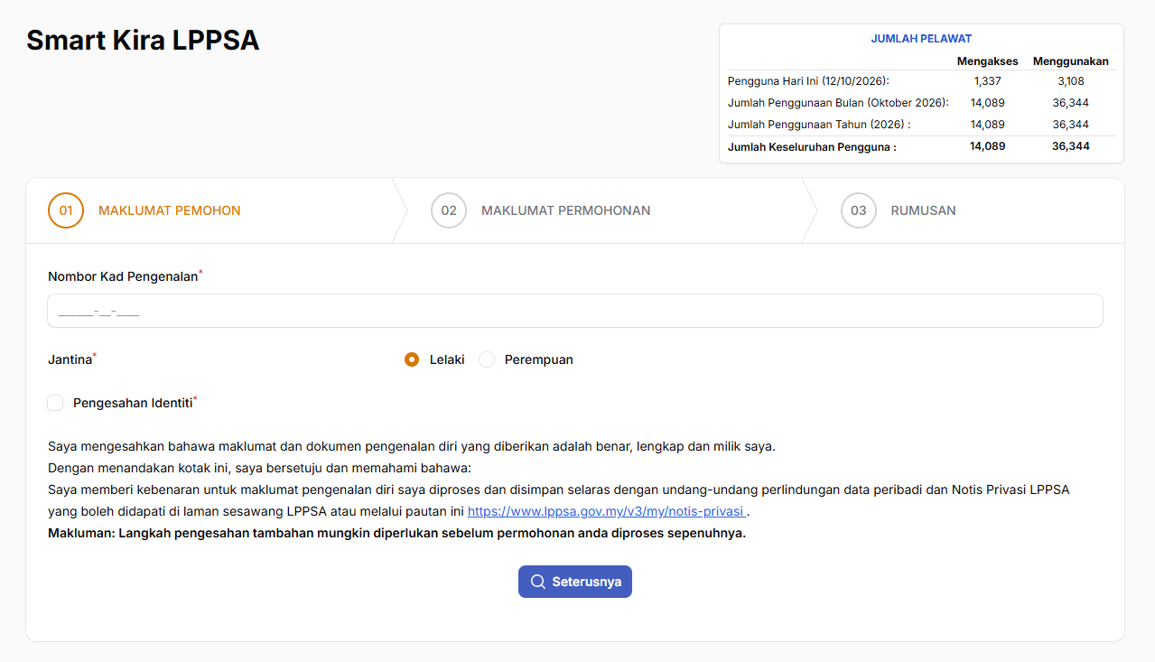 Paparan muka pertama sistem Smart Kira LPPSA